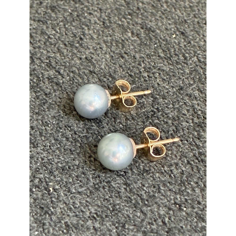 14K Yellow Gold Gray Pearl Stud Earrings 6-7mm Genuine Pearls 1.31g